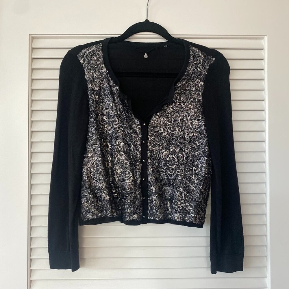 Anthropologie Knitted & Knotted Cropped Cardigan, Black/Sequin, Size S